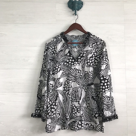 Robert Graham Tops - Robert Graham Womens Black White Beaded Trim Tunic
